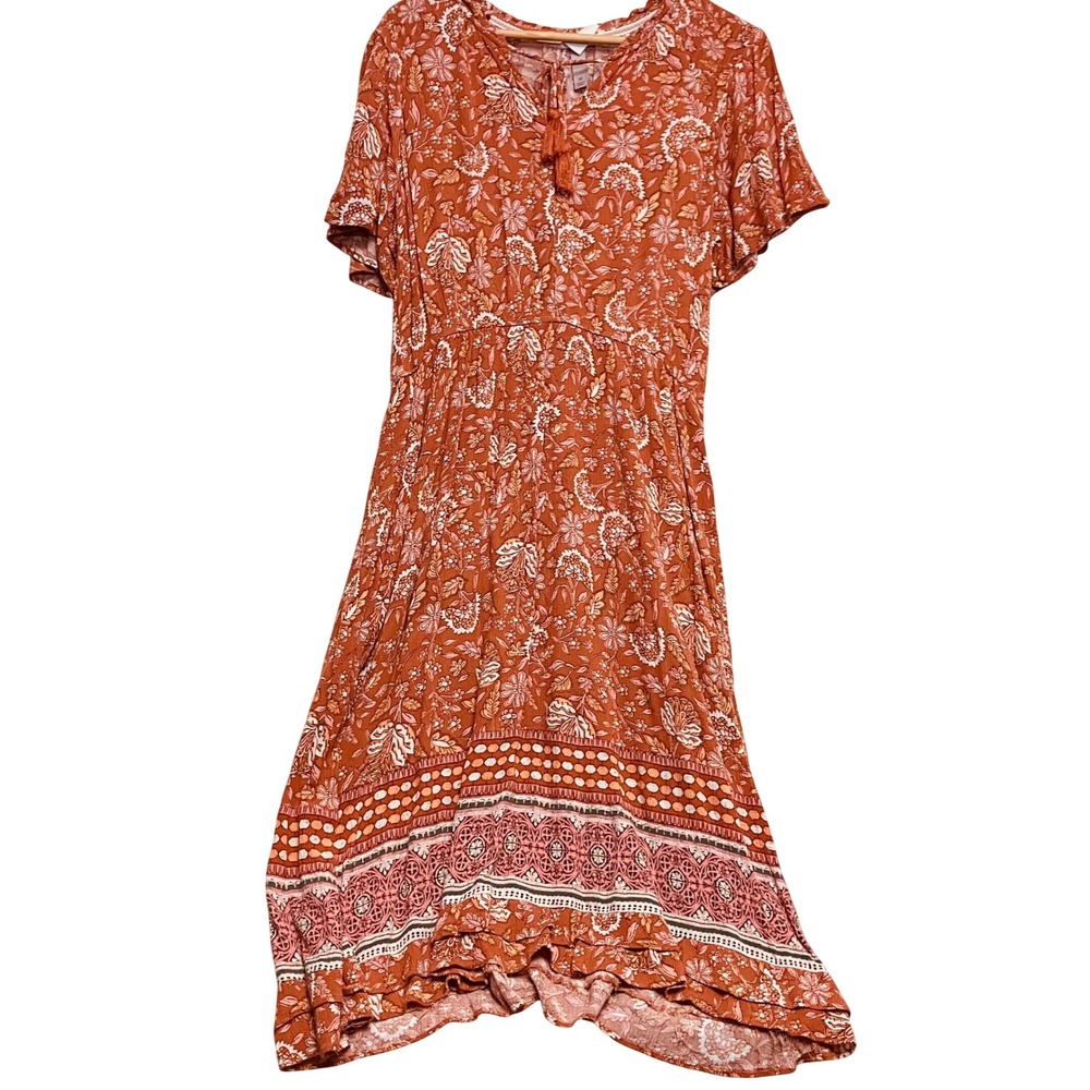 Knox Rose Midi Dress Womens Medium Rust Orange Excellent Floral Boho Tassel Tie